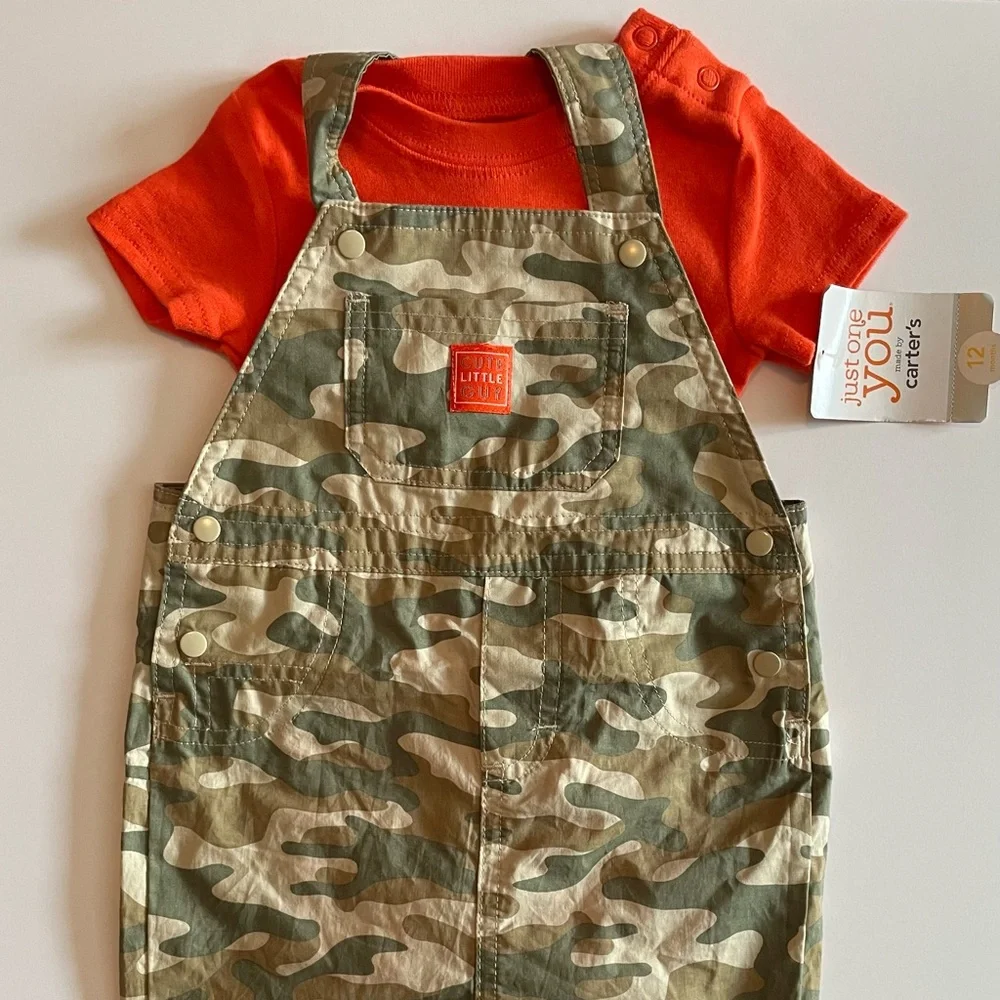 Just One You By Carters 2 Piece Set Camo Overalls and Orange Onesie Size 12 Mo